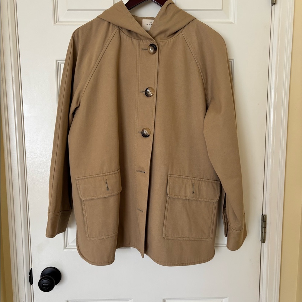 Sezane Camel Utility Jacket with Hood